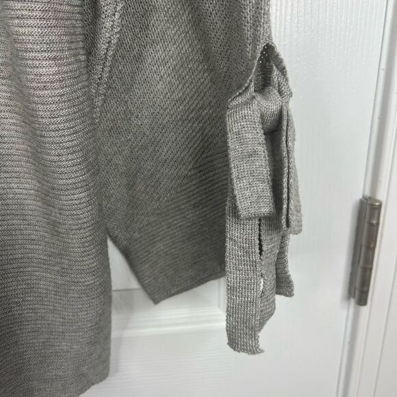 Cliche Gray Ribbed Wool Blend Quarter Tie Sleeve Crew Neck Sweater Top Medium - Picture 3 of 12
